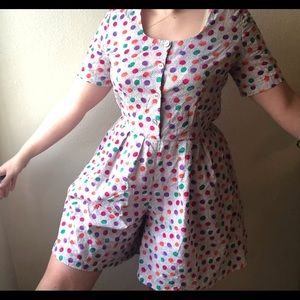 Vintage 80s Multicolored Rainbow Polka Dot Button Up Romper